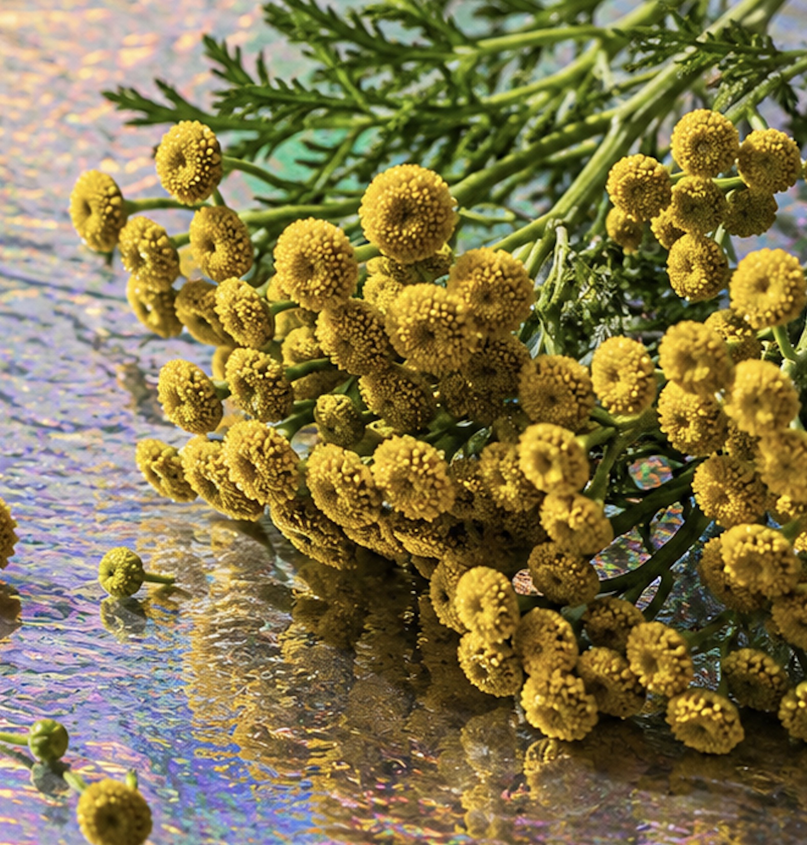 Yellow blue tansy flowers laid on an iridescent wet surface