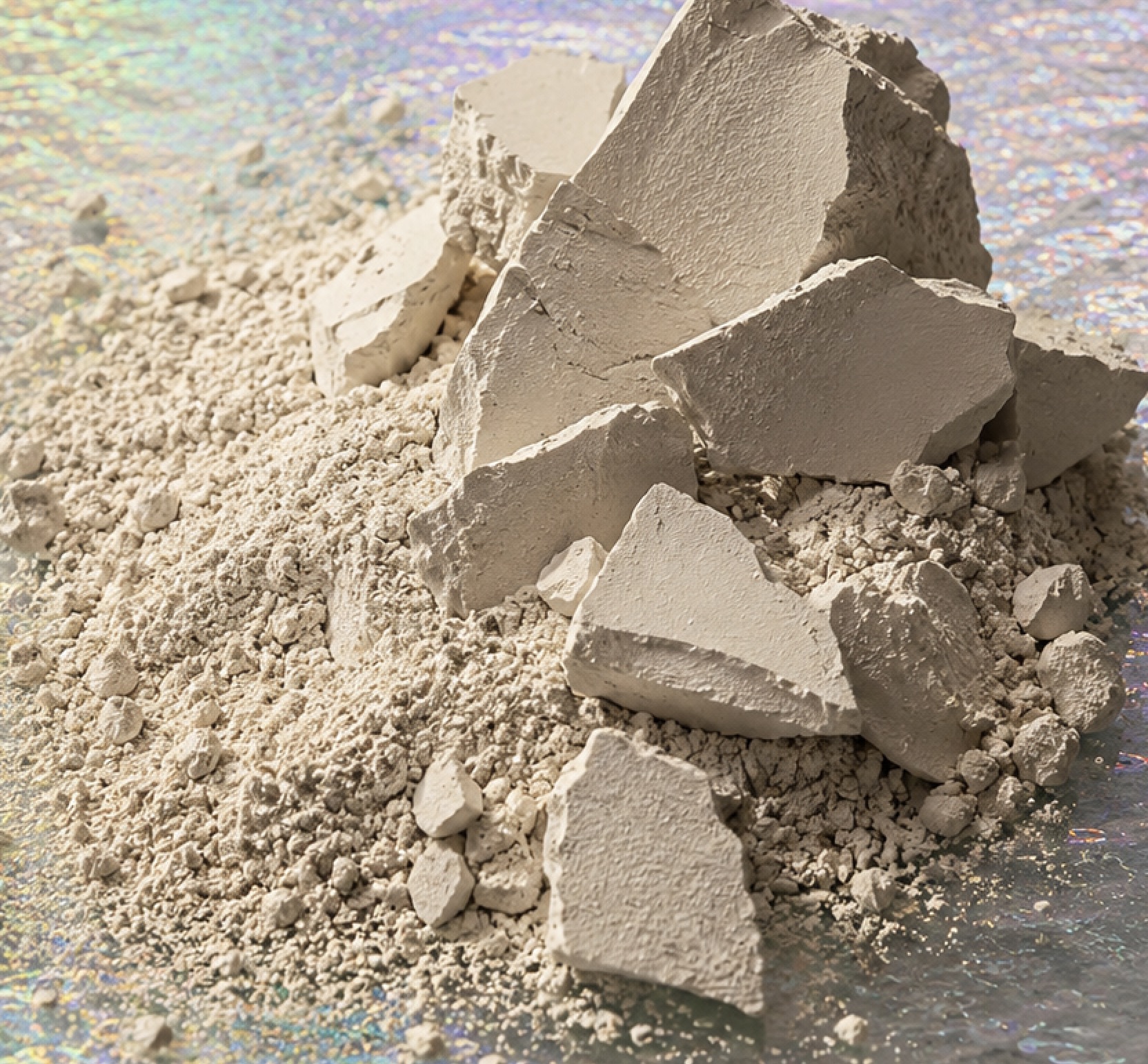 Broken chunks of pale kaolin clay beside finely milled white clay powder