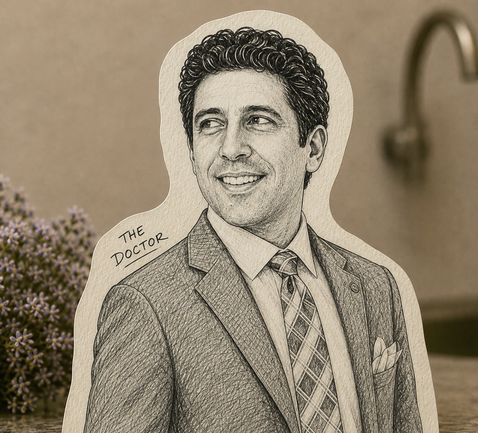 Illustrated portrait of Dr. Amit Mehta, co-founder of strangely.