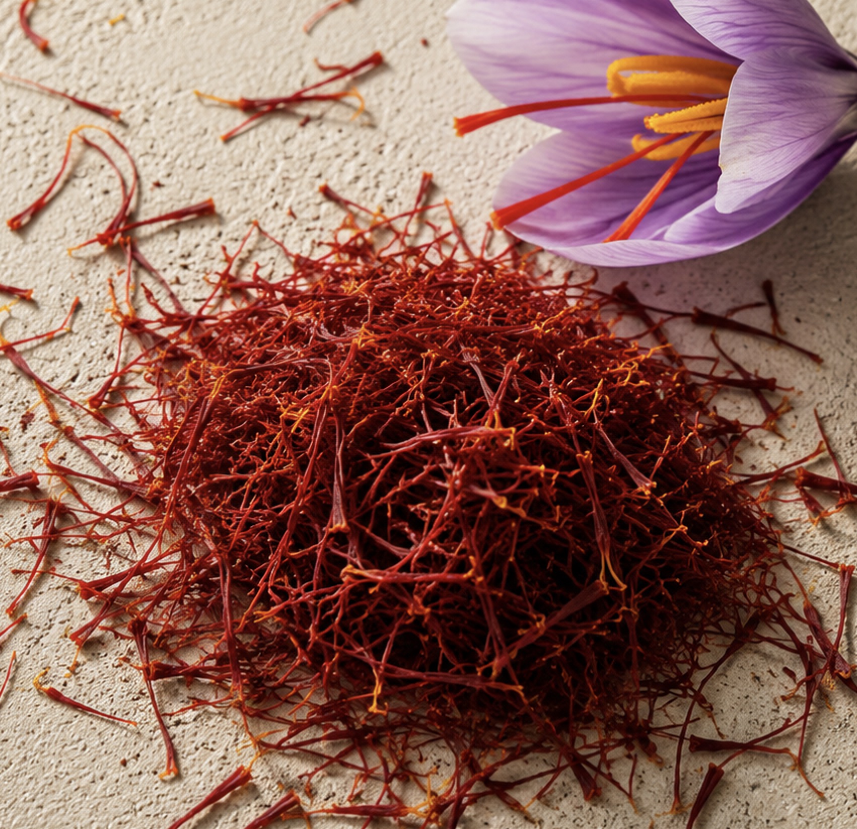 Pile of deep red saffron threads beside a purple crocus sativus flower