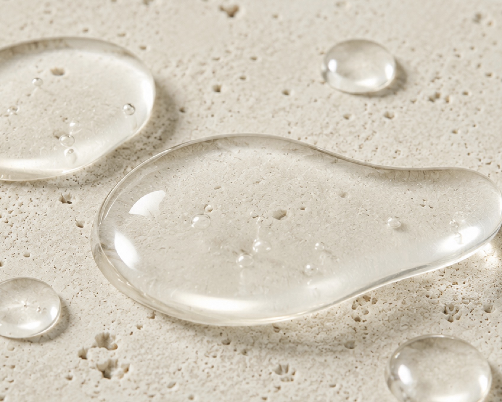 Clear viscous droplets of panthenol on a pale stone surface