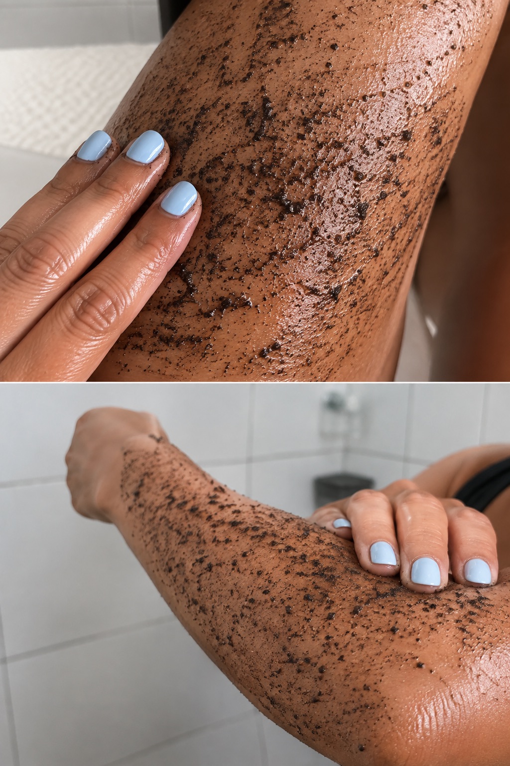 Close-up of coffee scrub grounds on wet skin, arm and leg
