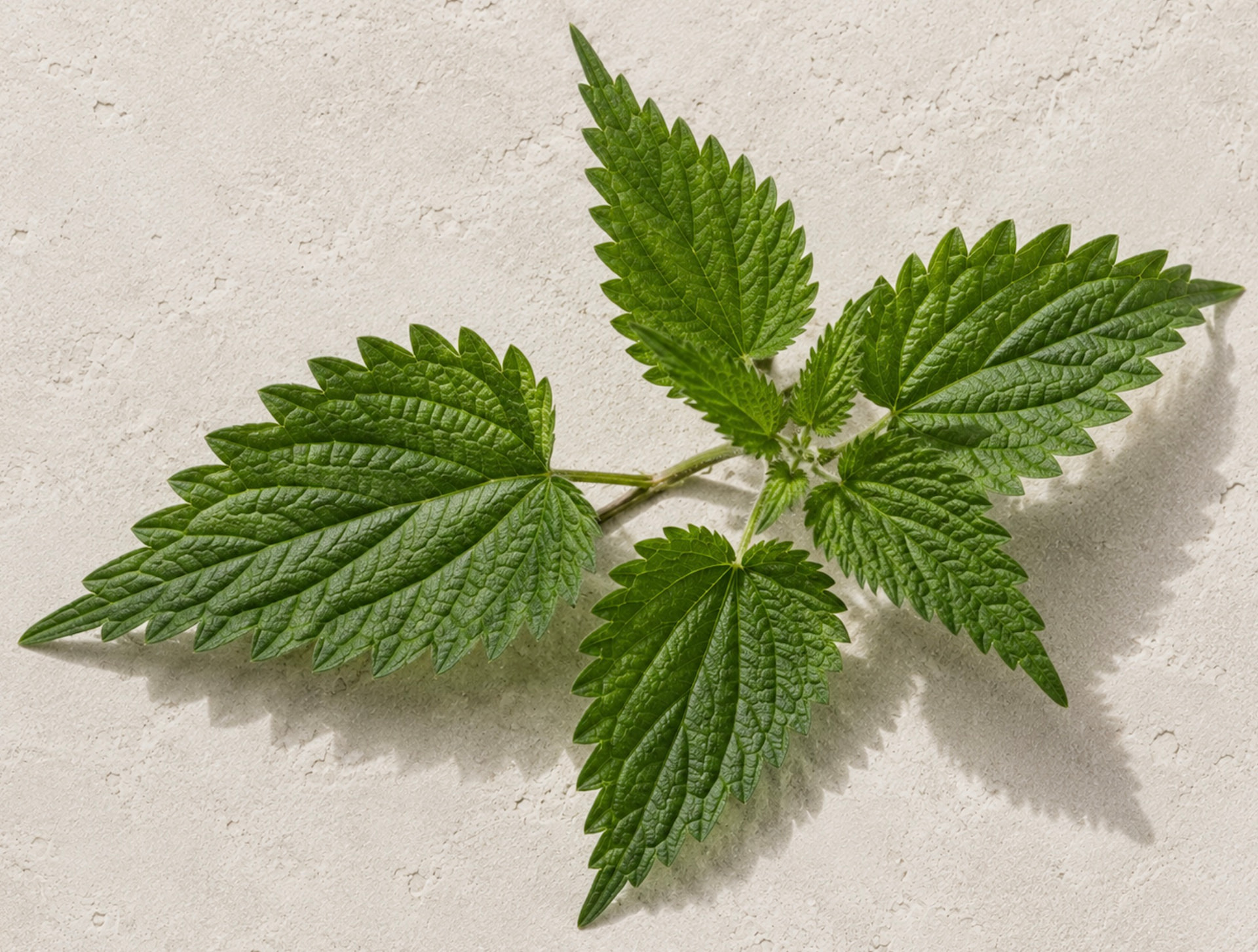 Sprig of fresh green stinging nettle leaves on pale stone