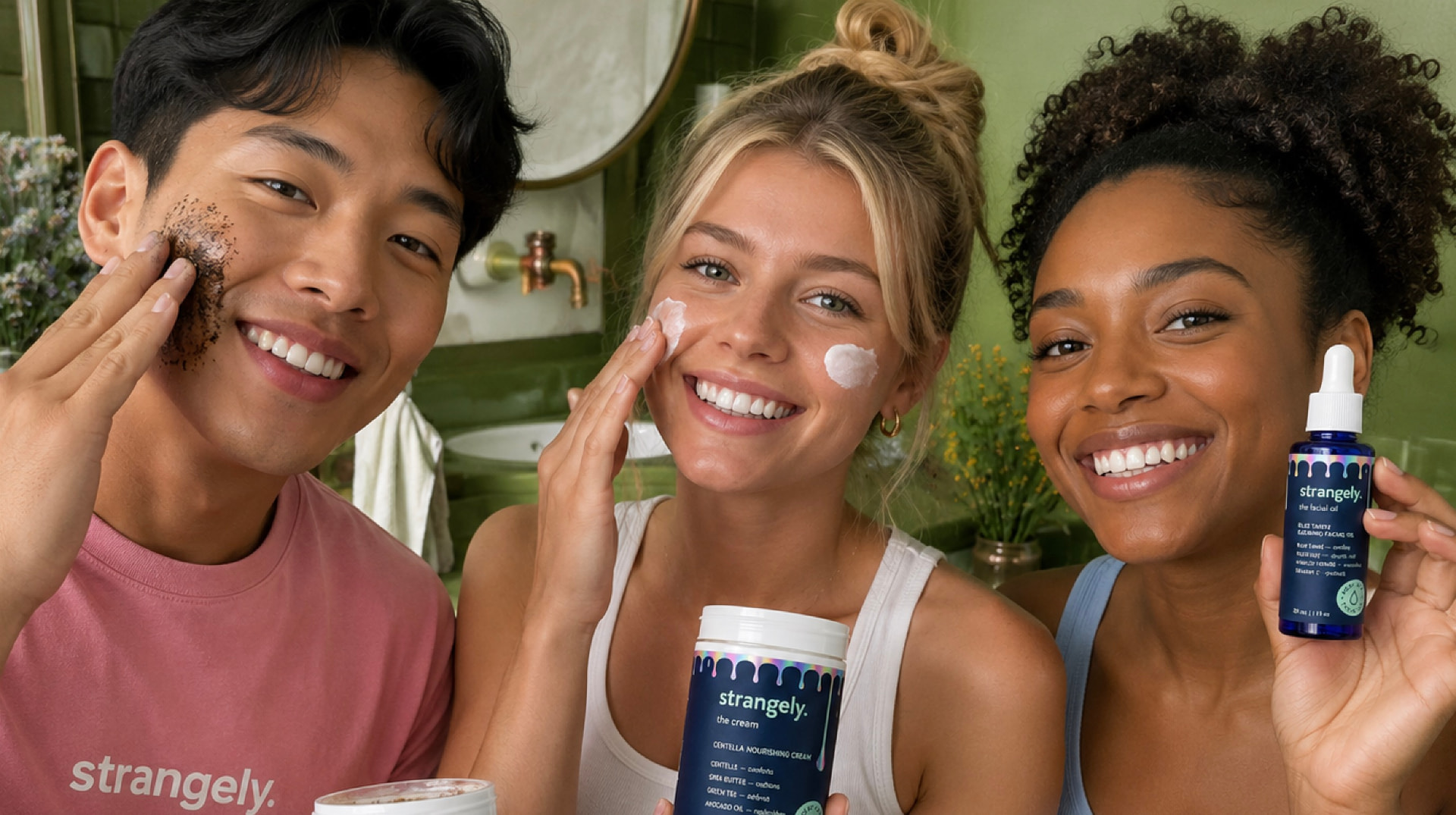 Three people applying strangely. skincare in a green tiled bathroom