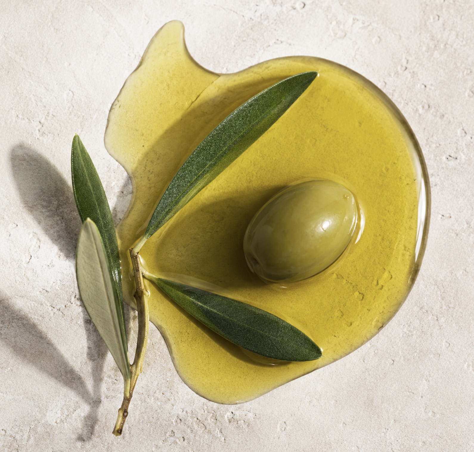 Pool of green olive oil with an olive and olive leaves on stone