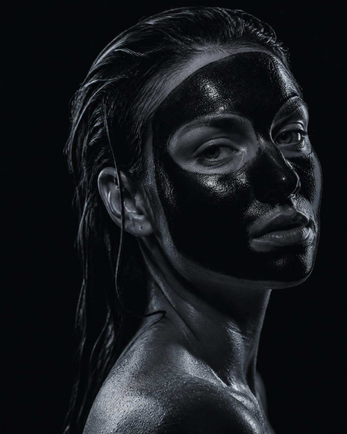 Model wearing a black charcoal mask in dramatic low light