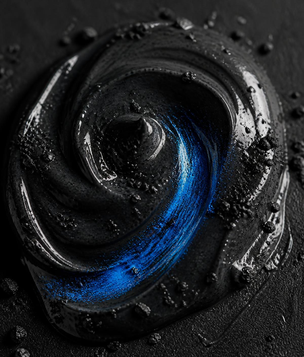 Macro shot of black charcoal gel with a streak of electric blue spirulina